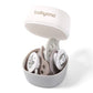 Grey soother case with lid open, showing two soothers inside and babyono branding.