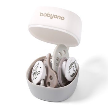 Grey soother case with lid open, showing two soothers inside and babyono branding.