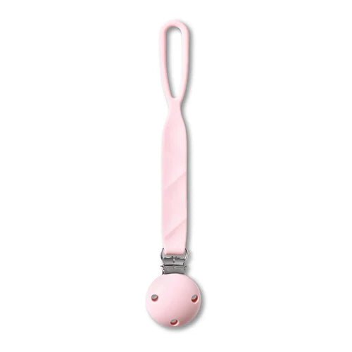 Silicone soother holder in pink with clip and round teether attachment