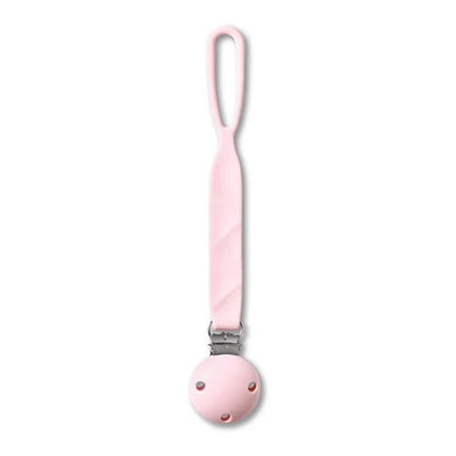 Silicone soother holder in pink with clip and round teether attachment