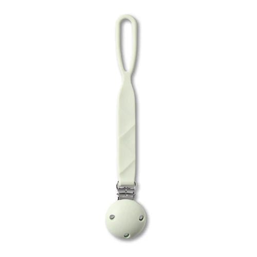 Silicone soother holder in light green with clip and round teether attachment