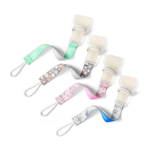 Soother holder clips with straps in mixed colors, each with pacifier-shaped holder.
