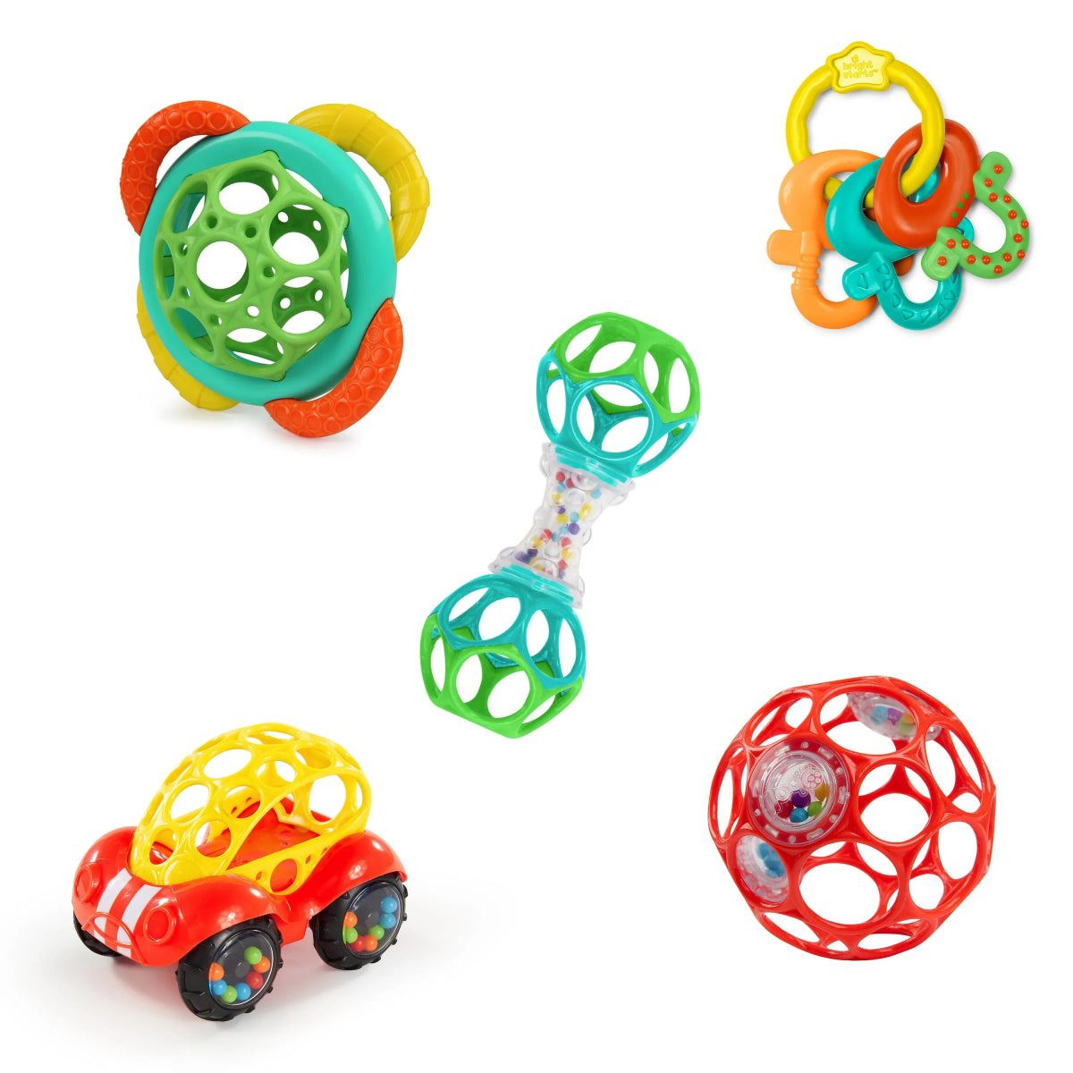 5-piece baby toy gift set with colorful rattling rings and a ball toy