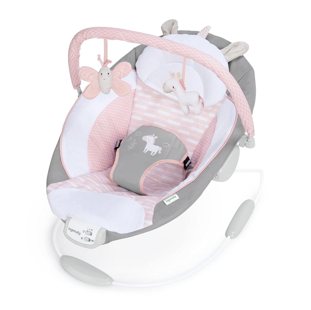 Infant baby bouncer with pink striped cushion and hanging plush toys