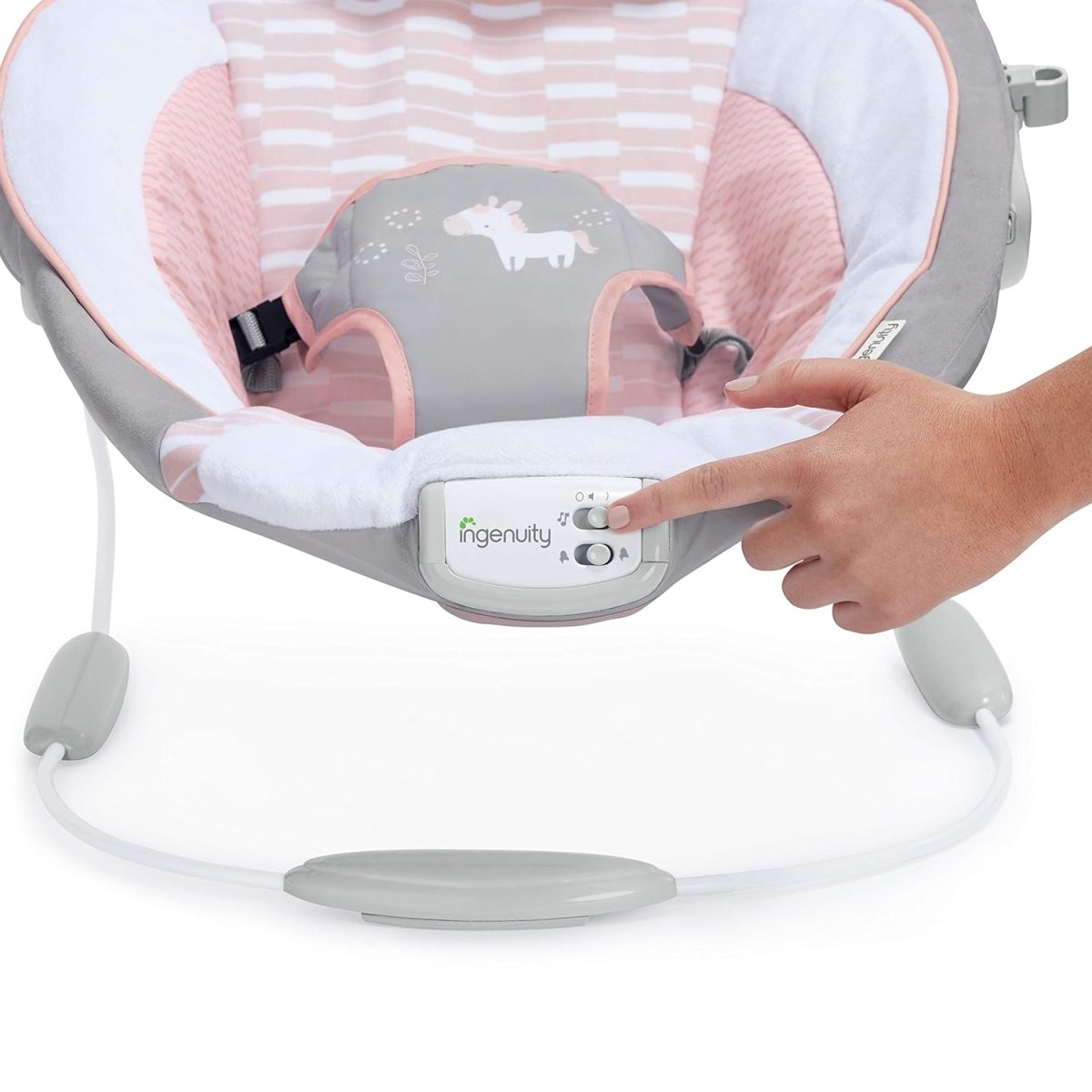 Infant bouncer seat with gray cover and pink striped inner padding