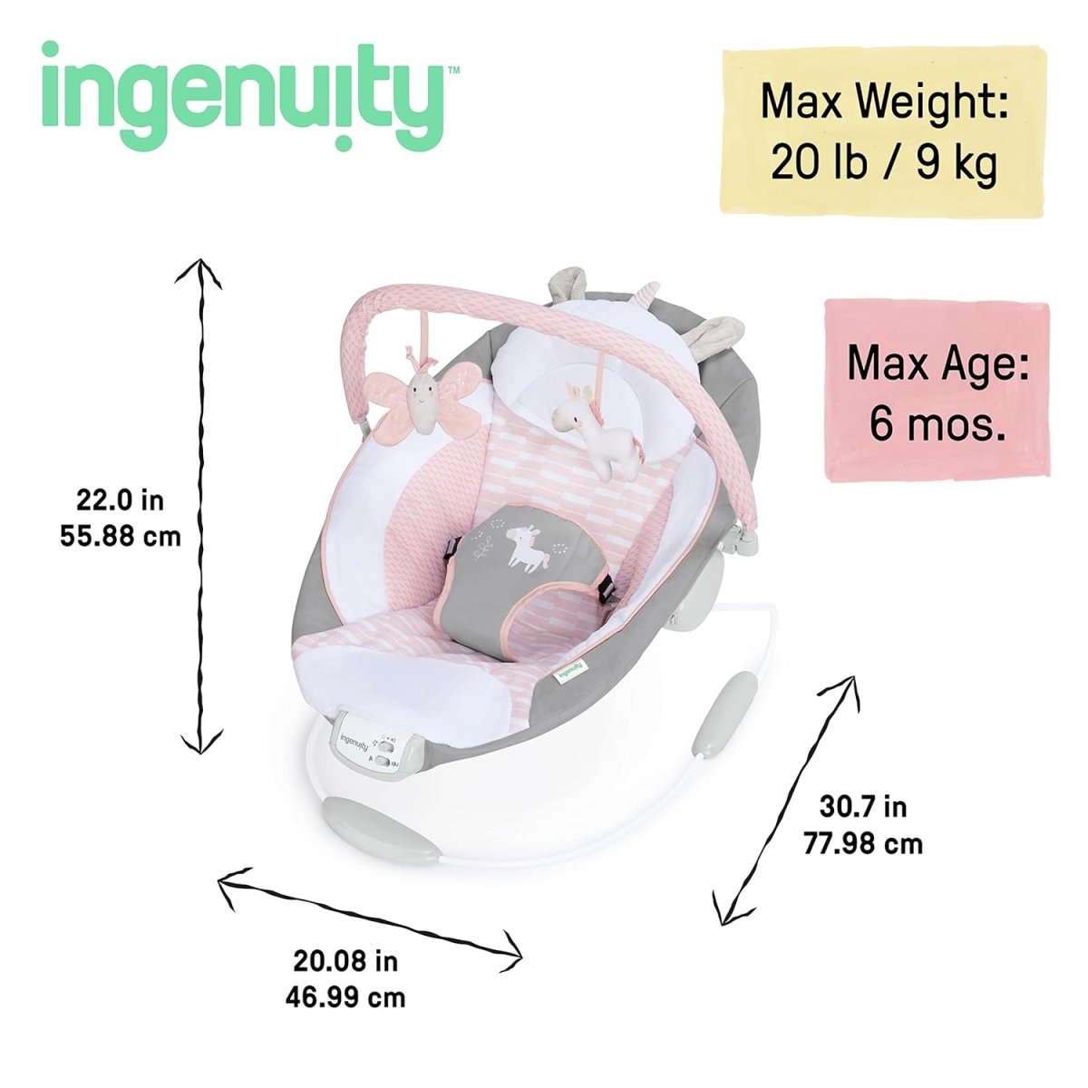 Infant bouncer size chart graphic showing max weight and max age