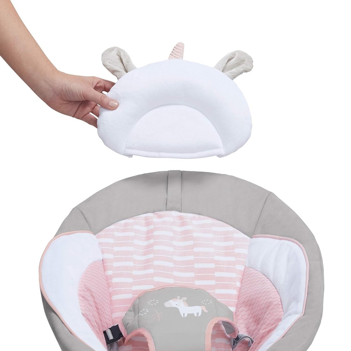 Infant bouncer head support, light gray and white plush