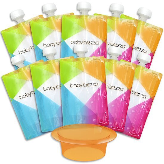 Set of spare food bag pouches with orange lid and lime, blue, and pink colors