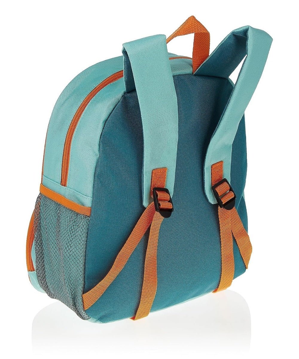 Kids backpack in teal with orange straps and front buckle accents