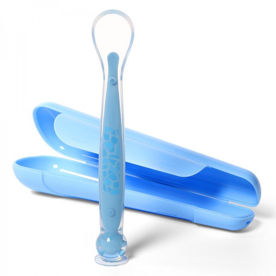 Blue suction-cup feeding spoon with loop handle and long base holder