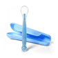 Blue suction-cup feeding spoon with long handle and base holder