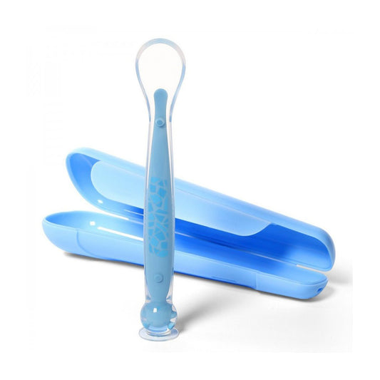 Blue suction-cup feeding spoon with long handle and base holder
