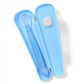 Blue suction-cup feeding spoon in protective case with spoon channel