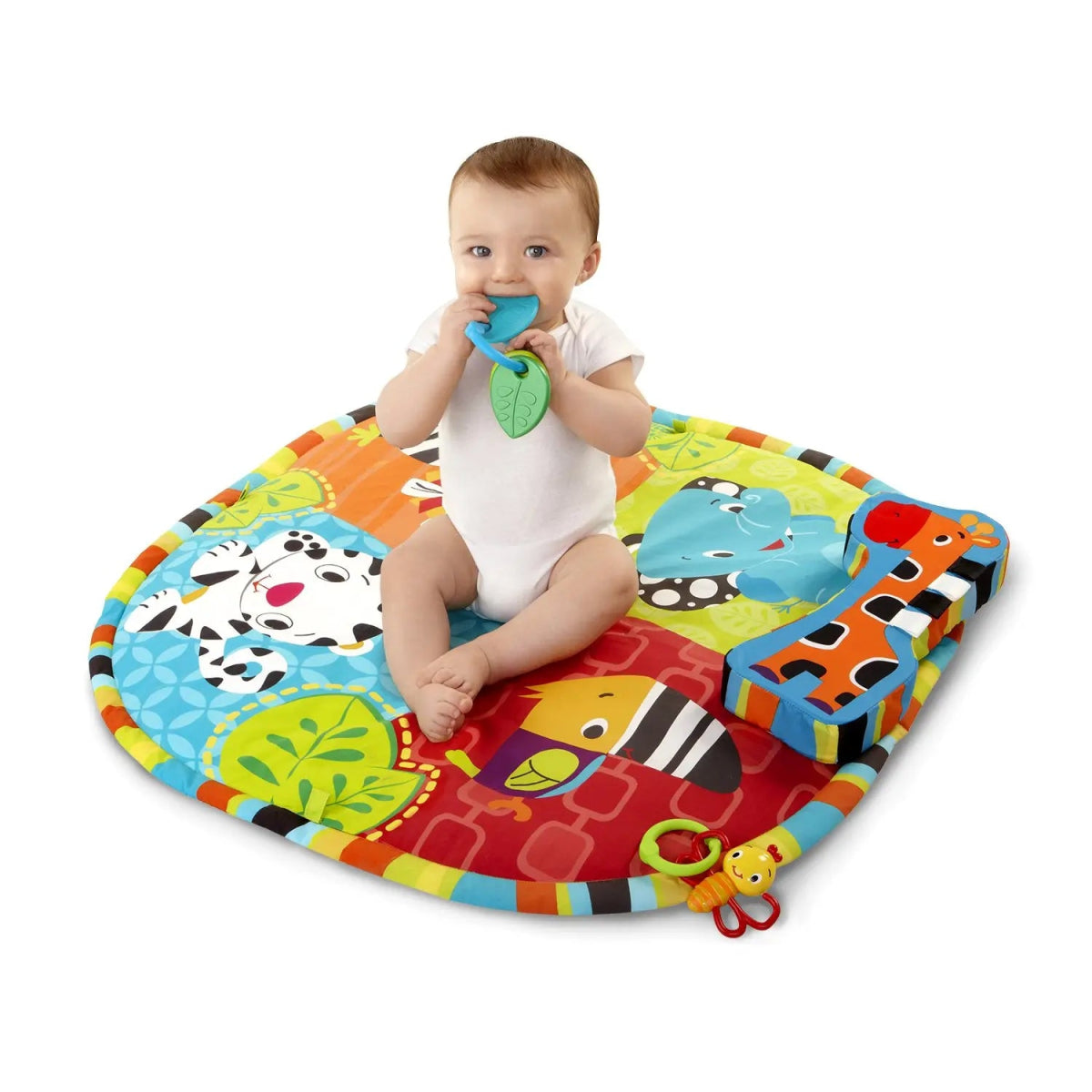 Baby play gym mat with colorful animal prints and hanging toy, soft fabric play area
