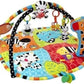 Colorful baby play gym mat with animal designs and arched hanging toy frame