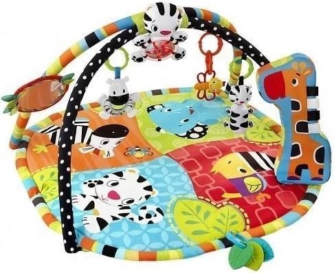 Colorful baby play gym mat with animal designs and arched hanging toy frame