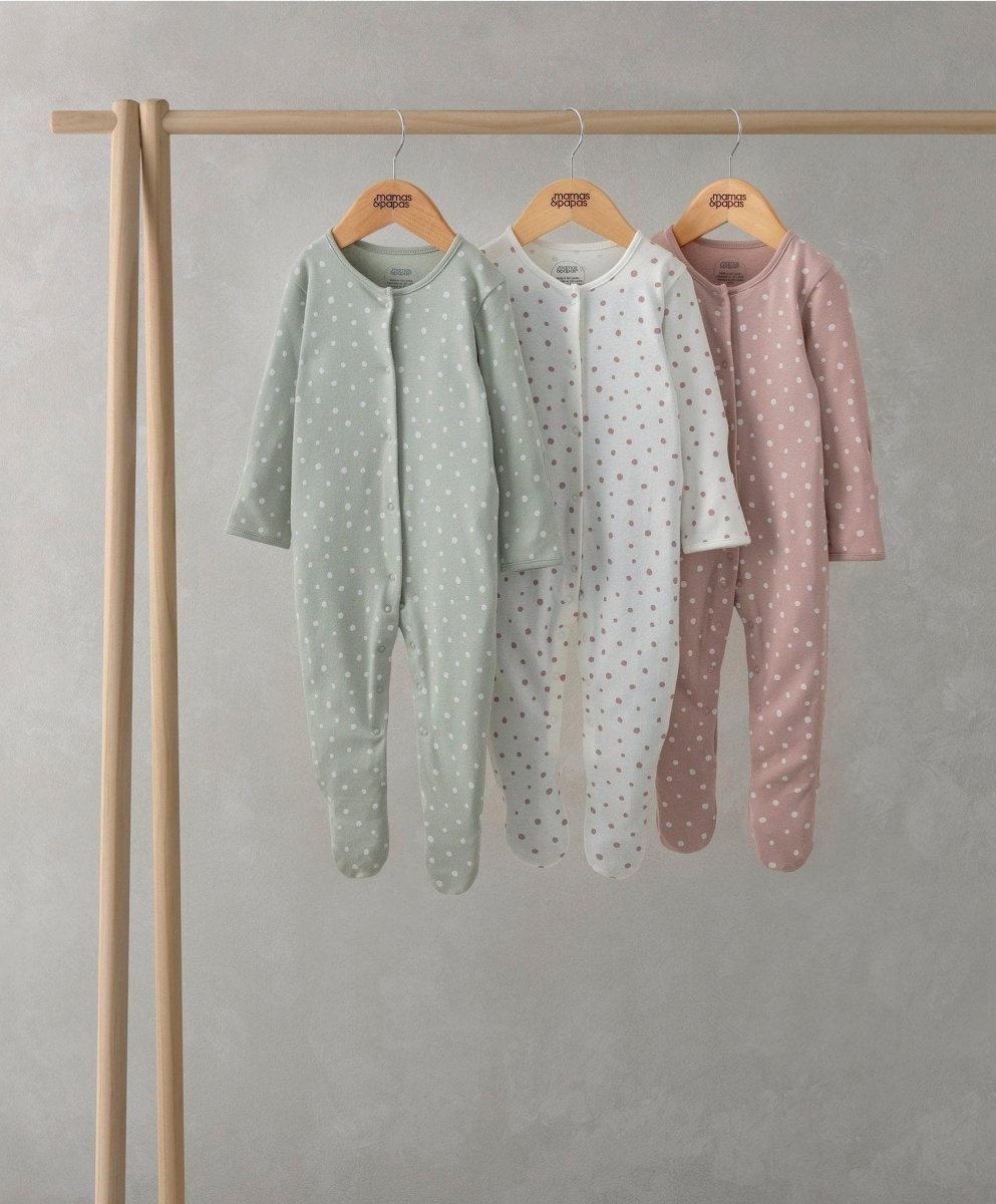 Spotty sleepsuit set of 3, long-sleeve footed designs: light blue, white, pink