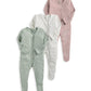 Spotty sleepsuit set of 3, long-sleeve footed with button front: sage, white, dusty pink