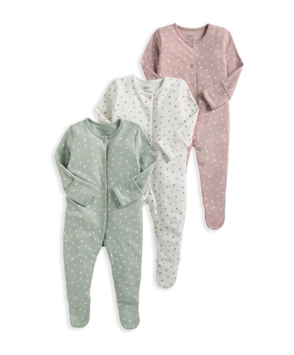 Spotty sleepsuit set of 3, long-sleeve footed with button front: sage, white, dusty pink