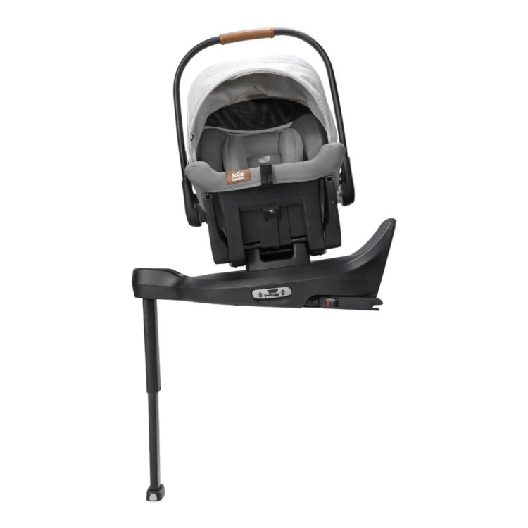 ISOFIX car seat with light gray canopy, black base, and support leg