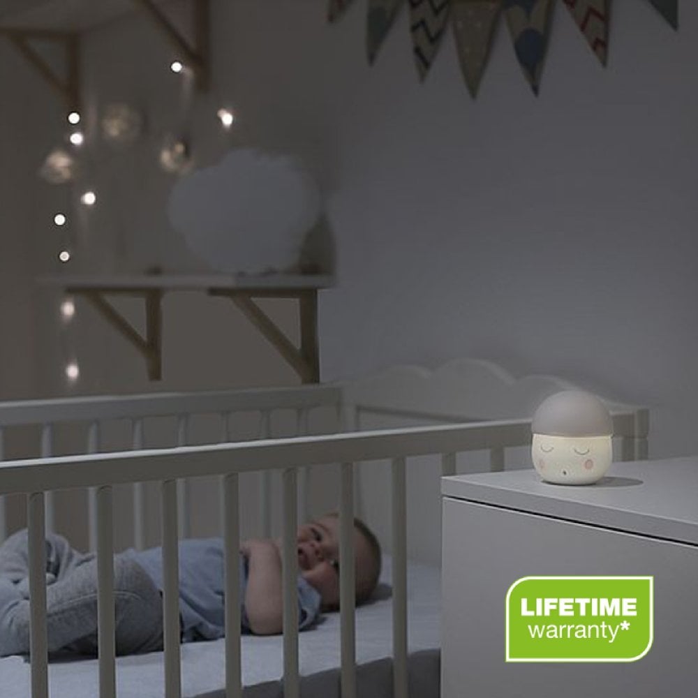 Mushroom night light on bedside dresser with green lifetime warranty badge.