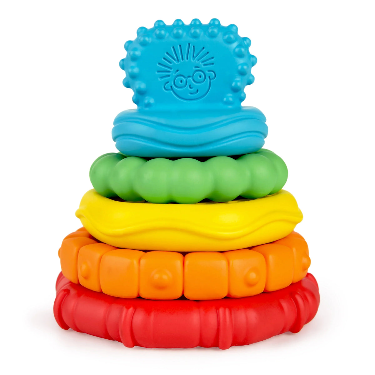 Stackable teether toy set with textured blue, green, yellow, orange, and red rings