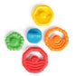 Five multi-textured teether pieces in yellow, blue, green, orange, and red