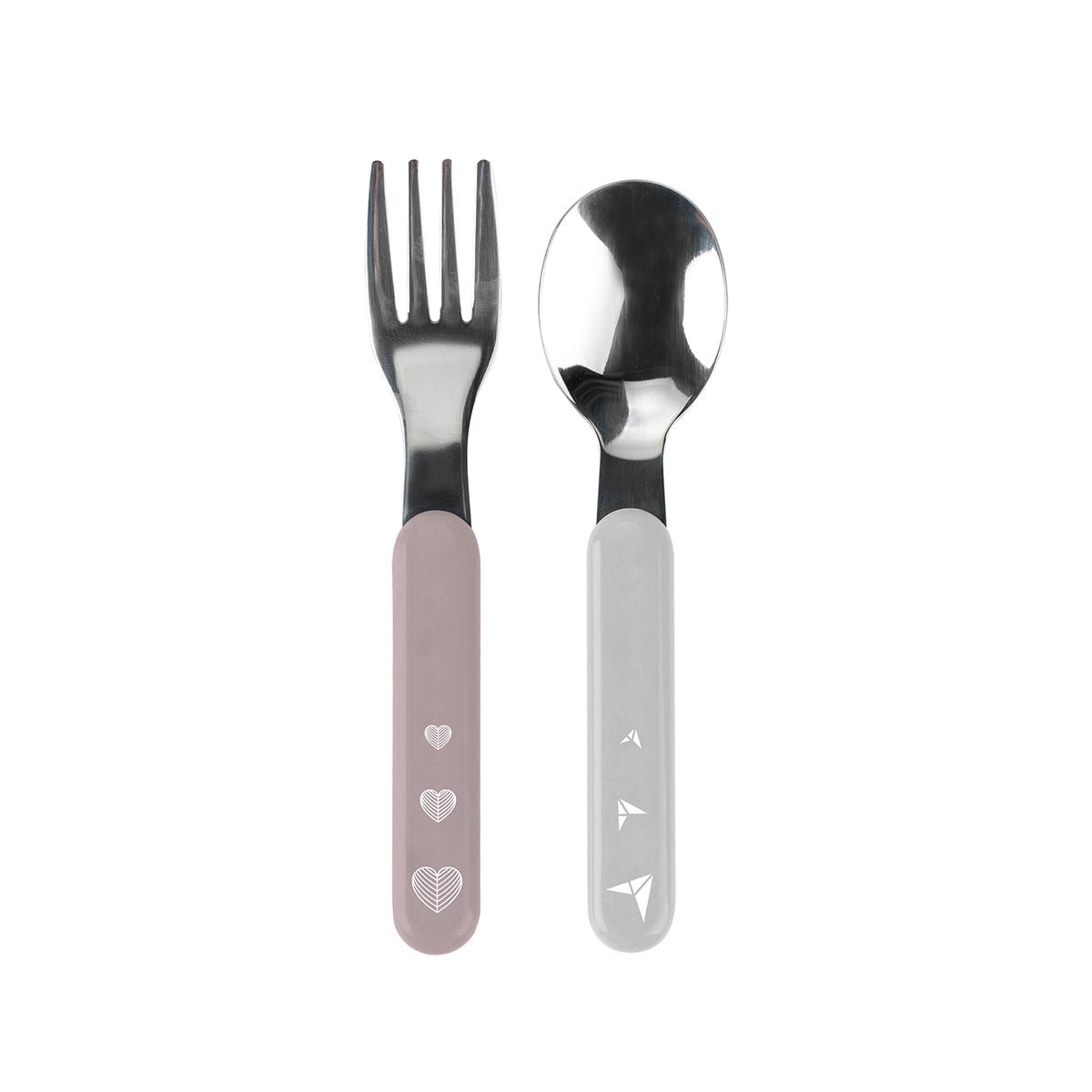 Stainless steel spoon and fork set with pink handles and heart cutouts
