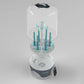Steam sterilizer and dryer with clear lid and teal bottle-rack inside, white and dark base