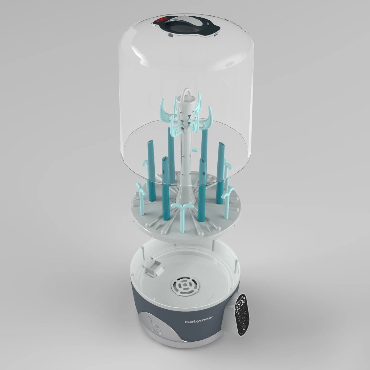 Steam sterilizer and dryer with clear lid and teal bottle-rack inside, white and dark base