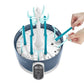 Steam sterilizer and dryer with teal bottle rack inside, white central stem, showing hands loading