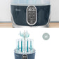 Steam sterilizer and dryer with front control panel and display, plus teal rack inside