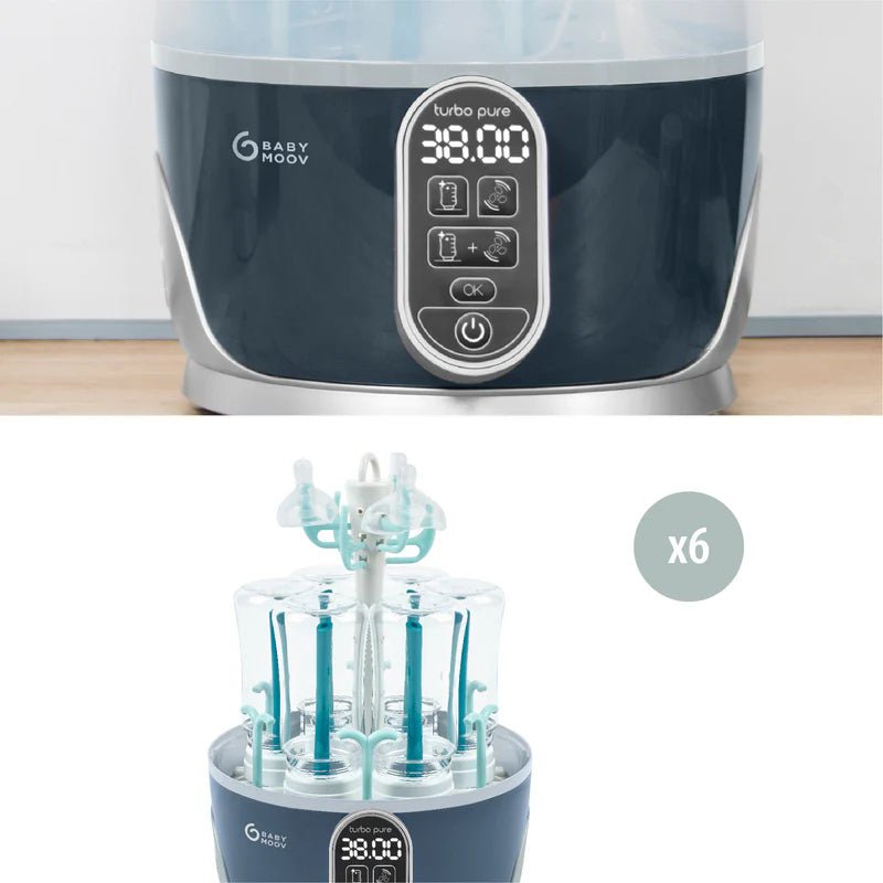 Steam sterilizer and dryer with front control panel and display, plus teal rack inside