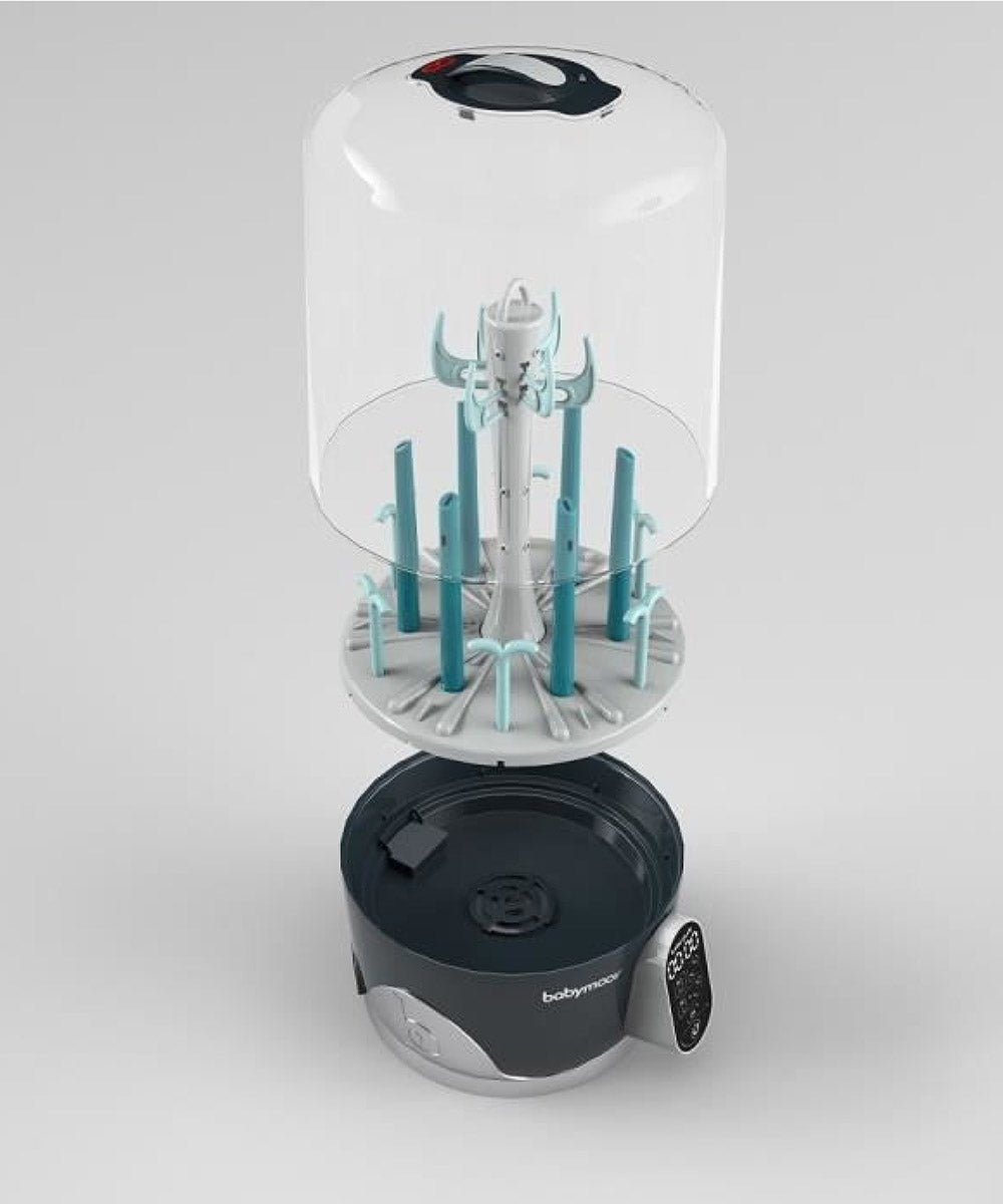 Steam sterilizer and dryer with clear dome cover, teal bottle rack, and open dark base
