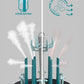Steam sterilizer and dryer with teal bottle rack and central stem, steam venting shown