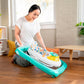 Adult moving teal activity walker with child seated on patterned seat