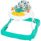 Teal 3-in-1 activity walker with white patterned seat and yellow activity tray