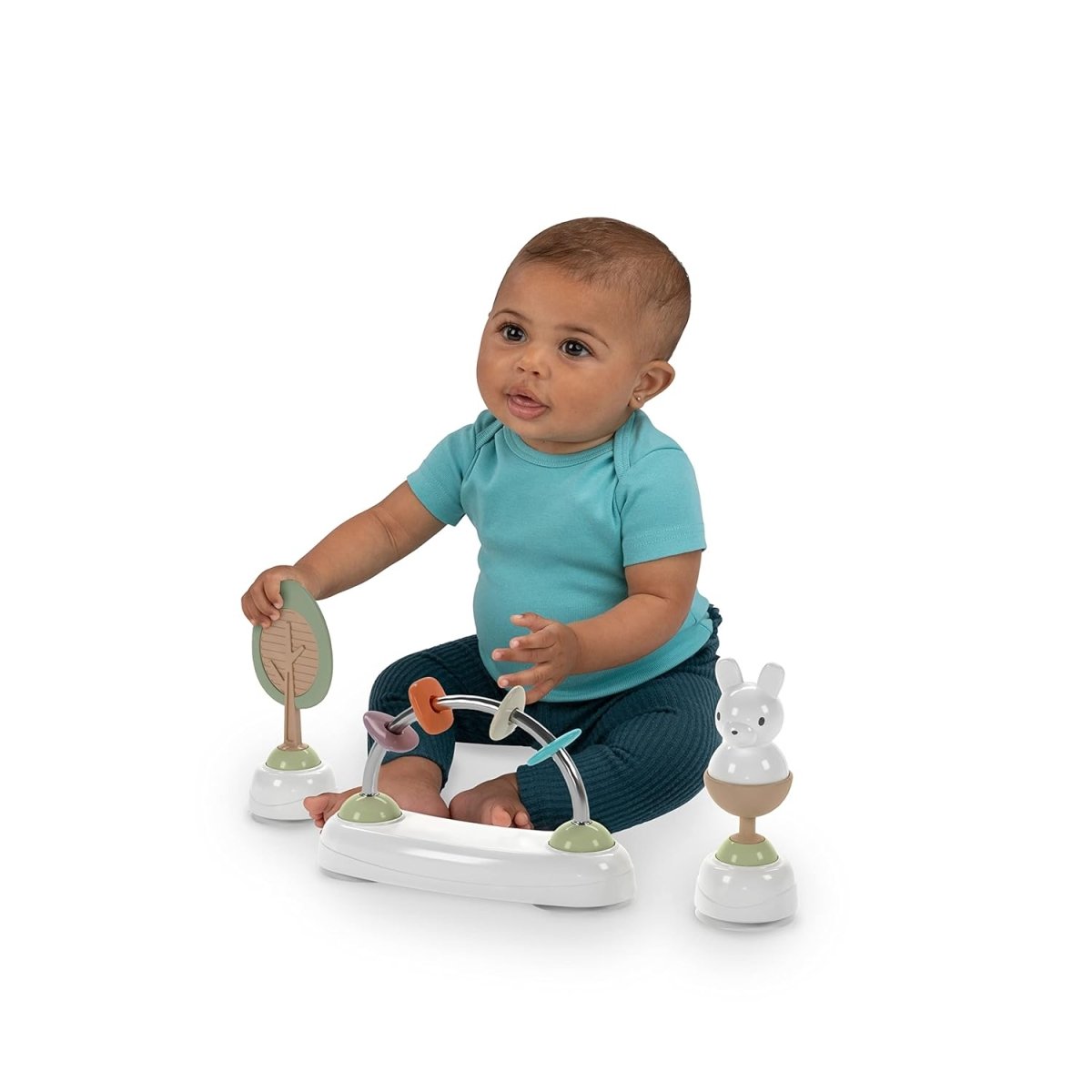 White baby activity walker with gray seat pad and animal activity toys, baby seated