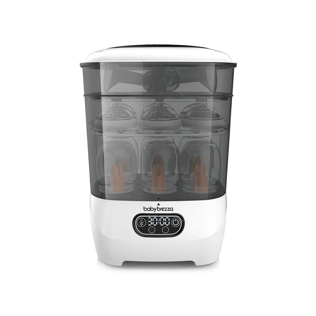 Baby Brezza steriliser dryer with transparent top and front control panel, white and dark