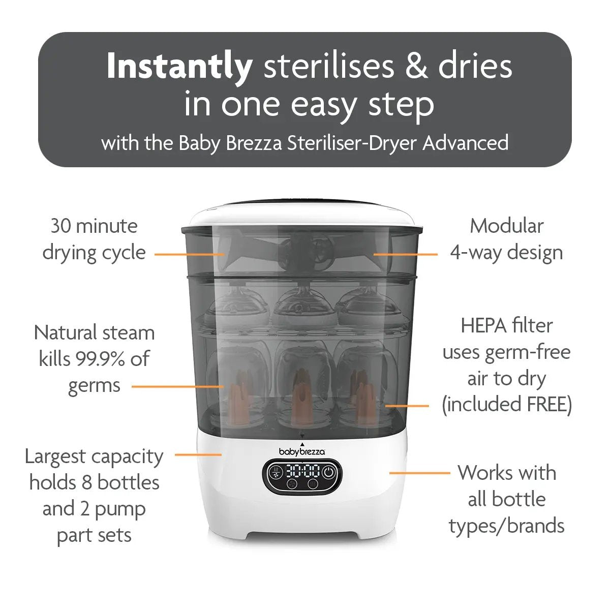 Baby Brezza steriliser dryer with clear drum and top lid, white base and dark bin