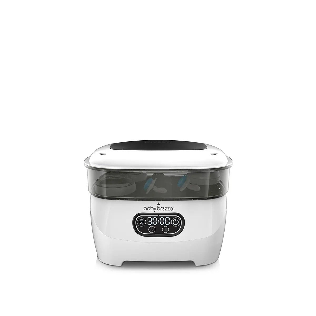 Baby Brezza steriliser dryer with clear lid and front control buttons, white base