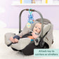 Stitch tummy tumble activity toy attached to gray baby carrier, teal handle and mirror