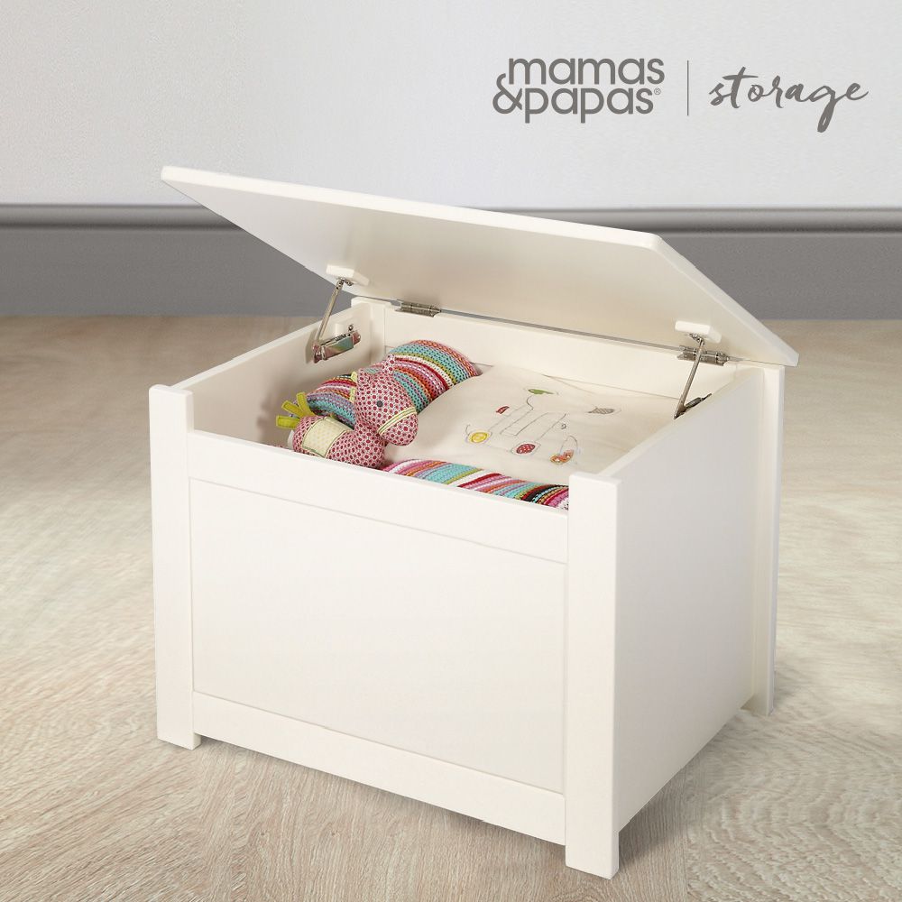 Ivory storage box with lift-top lid, open side view with toys and blanket inside