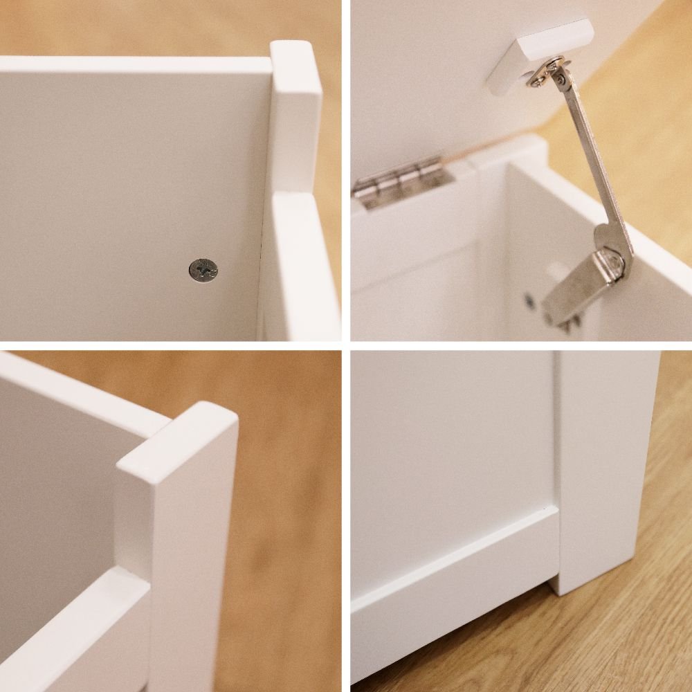Ivory storage box details: metal hinges and top lid support, close-up corners