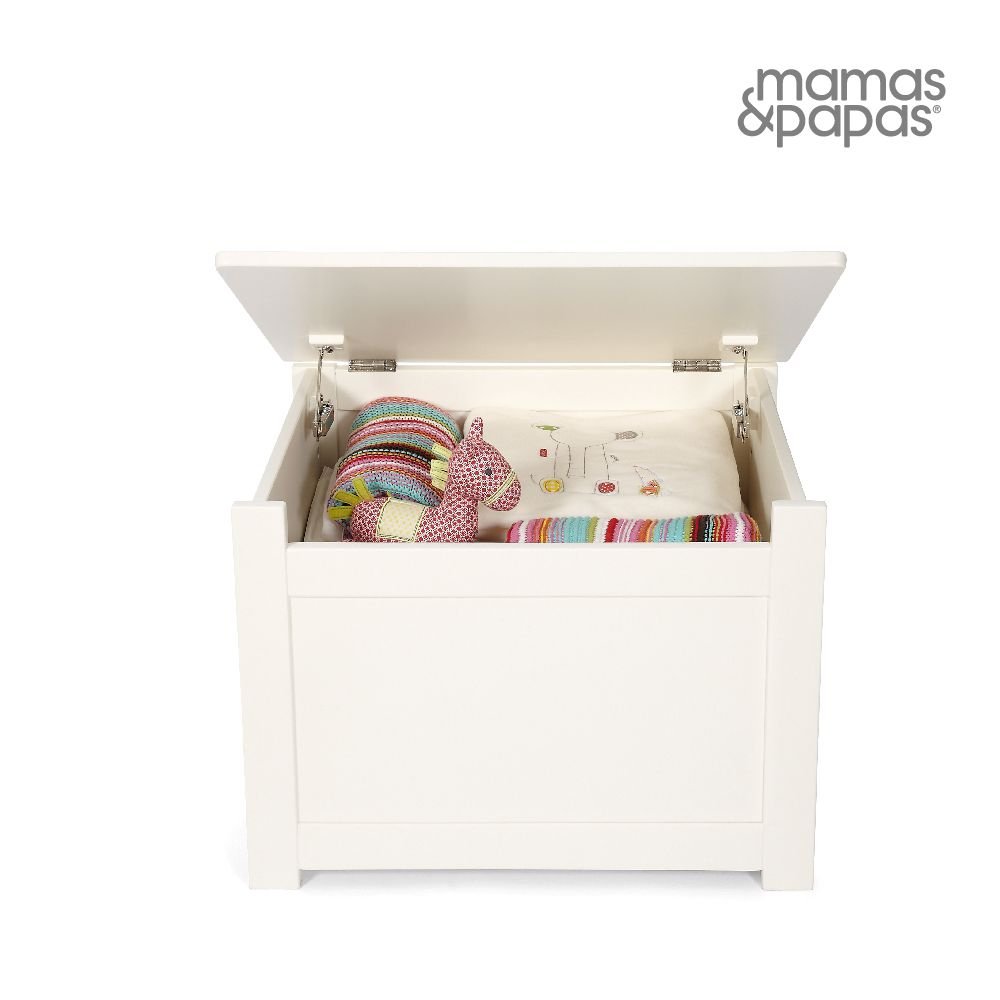 Ivory storage box with lift-top lid, open interior with colorful baby accessories