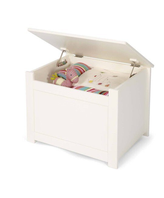 Ivory storage box with lift-top lid, open view showing stuffed toys inside