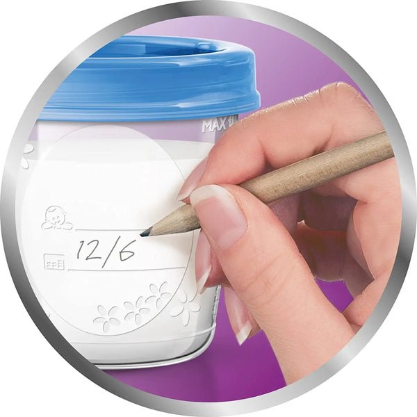 Blue storage lid placed on a container while a hand writes on the label area