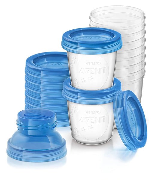 Stacked plastic storage containers with blue lids, one lid on a clear container