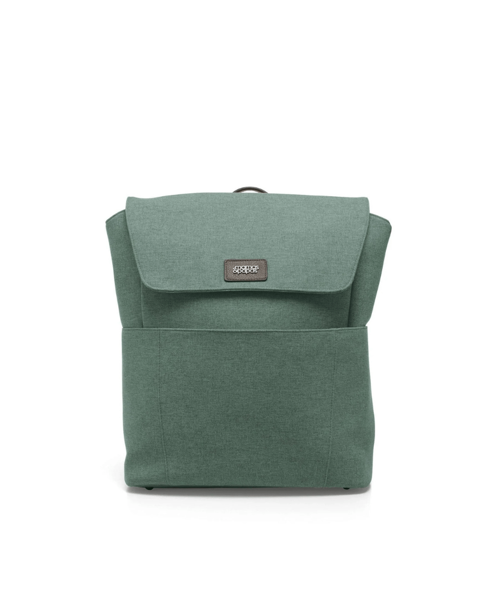 Ivy green fabric backpack with front flap and rectangular logo patch
