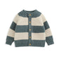 Striped knit cardigan with button front and crew neck, teal and cream horizontal bands